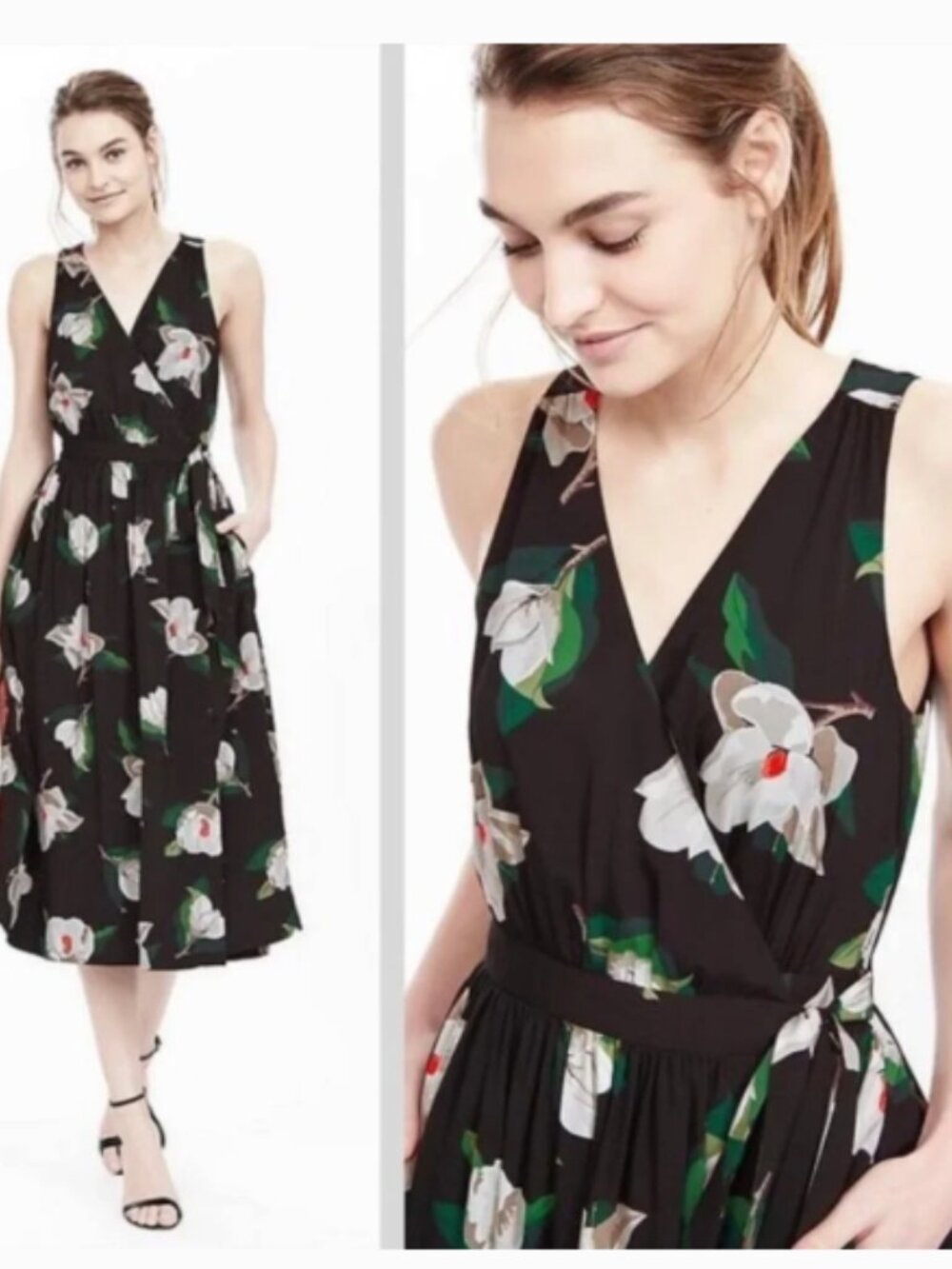 Black Magnolia Print Sleeveless Wrap Midi Dress | Banana Republic